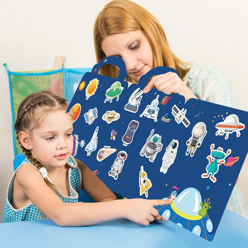 213 PCS Space Reusable Sticker Books for Kids, 6 Sheets Reusable Stickers for Toddlers, Cute Waterproof Toddler Stickers Age 3+, Window Clings Tra...