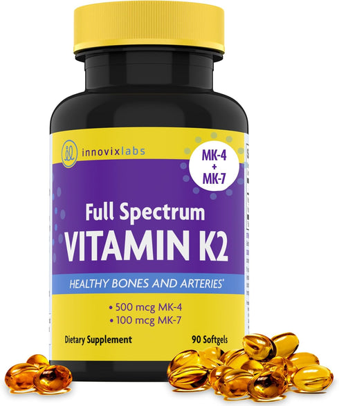 InnovixLabs Full Spectrum Vitamin K2 MK-7-90 Capsules - Vit K2 Vitamin Supplement with Trans Form MK7 & MK4-600 mcg - Supports General Health & Bo...