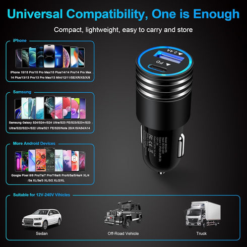 30W Fast iPhone Car Charger Type C Cigarette Lighter Adapter Car Plug with 3FT USB C to USB C Fast Charging Cable for iPhone 15/15 Pro/15 Pro Max/...