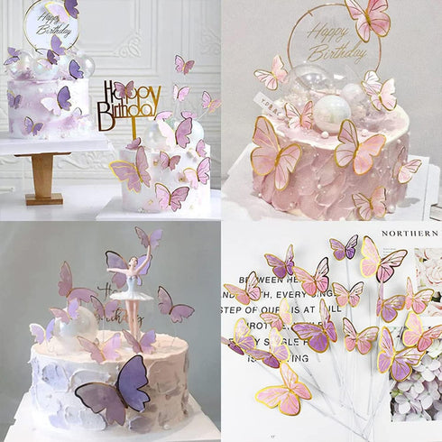 20PCS Gold Pink Purple Butterfly Cupcake Toppers - Handmade Cake Decorations for Girls Baby Shower Wedding Birthday Party Decor - Mixed Size...