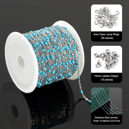 UMAOKANG 33 Feet/10M Stainless Steel Chain for Jewelry Making Light Blue Enamel Beaded Chain Bulk with Lobster Clasps and Jump Rings...