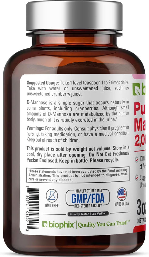 biophix Pure Mannose 100 Percent Powder 2000 mg 3 oz 85 Grams - Supports Urinary Bladder Tract Health...