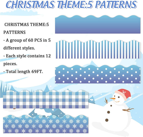 69Ft Christmas Bulletin Board Borders 5 Design 60Pcs Winter Snowflake Trim Borders Blue Plaid Stripe Dot Bulletin Board Stickers for School Classr...