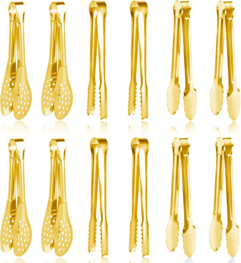12 Pack Gold Premium Small Serving Tongs, Dmoera Mini Stainless Steel Appetizer Tongs, 5 Inch(12.7cm)...