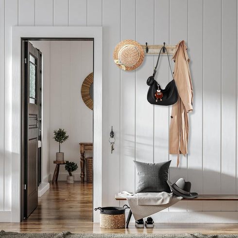 Coat Rack Wall Mounted, Entryway Wall Coat Rack with 4 Rustic Coat Hooks, 17” Vintage Pinewood Hanger Hat, Dual Hook for Hanging Keys Hats, Perfec...