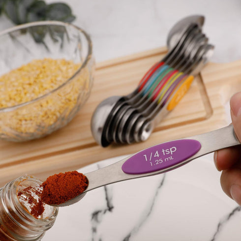 Magnetic Measuring Spoons Set of 5 Stainless Steel Dual Sided Stackable Teaspoon for Measuring Dry and Liquid Ingredients (Color)...
