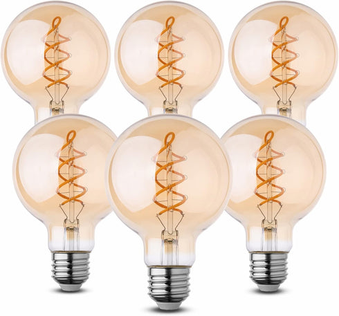 6 Pack LED Edison Bulbs, Dimmable G25 LED Bulb, 2200K Warm White, E26 Base, 4W(40W Equivalent), 320LM, Amber Glass, Patented Flexible LED Spiral F...