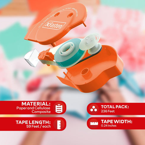 XFasten Glue Tape for Scrapbooking, 6mm x 59ft (2X longer than average rollers), 4-Pack, Scrapbook Tape Paper Safe Double Sided Tape Roller, Adhes...