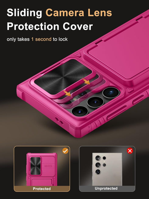 Vihibii for Samsung Galaxy S24 Ultra Case with Card Holder (4 Cards) & Slide Camera Cover & Kickstand, Shockproof Rugged Hard Back & TPU Soft Edge...