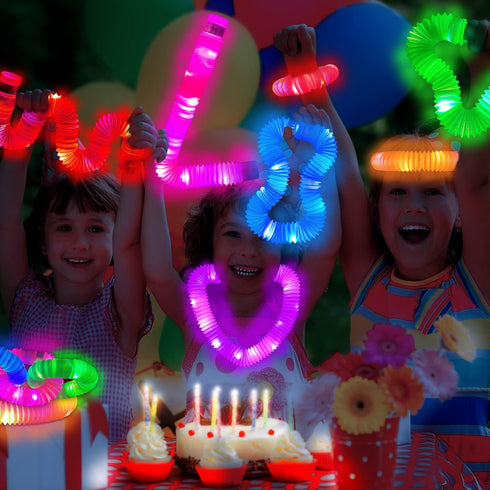 Light Up Pop Tubes for Kids 6 PCS, Glow Sticks Party Favors for Toddlers, Neon LED Stretchy Bracelets Necklaces Accessories for Children, Travel C...