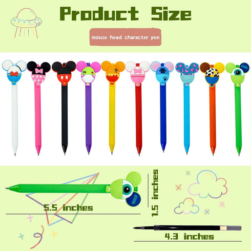 10pcs Mouse Head Character Ears Pens Set, Retr ctable Ballpoint Pen, Multi Color Jumbo Autograph Princess Pencil Signature Office Desk Stationary ...