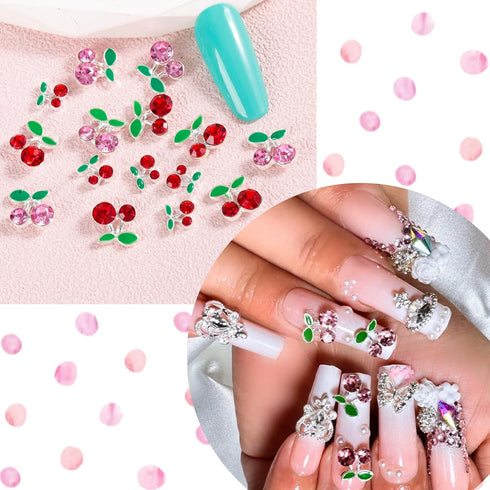 40PCS Cherry Nail Charms with 3D Crystals Design, Kawaii Nail Charms with Heart and Planet Nail Charms, Cherry Nail Charms Art Shiny Gems Nail Mak...