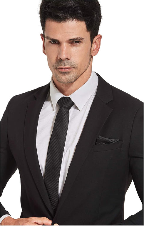Black Tie Men Women Skinny Tie Slim Tie Stripe Tie with Hanky Waterproof Oilproof Tie-Black...
