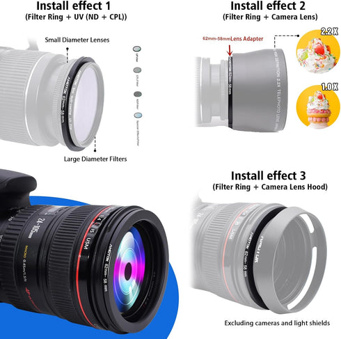 62mm Lens to 58mm Camera Lens Adapter,62mm to 58mm Filter Step up Ring Adapter Ring,Compatible All 58mm Filter Accessory...
