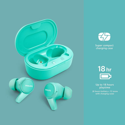 PHILIPS T1207 True Wireless Headphones with Up to 18 Hours Playtime and IPX4 Water Resistance, Teal...
