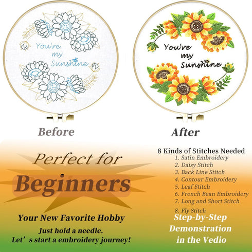 FONNUY Embroidery Kit for Beginners?Plants Flowers Pre-Stamped Pattern Kits for Adults with Hoop (You're My Sunshine)...