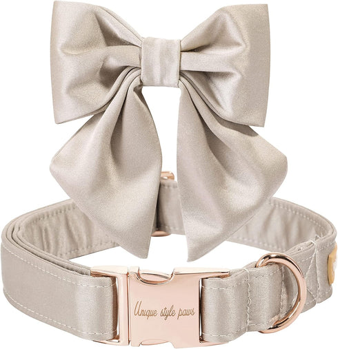 Unique style paws Silk Champagne Color Dog Collar Adjustable Durable Dog Collar with Bow Wedding Bow tie Dog Collar for Small Puppy and Cats...