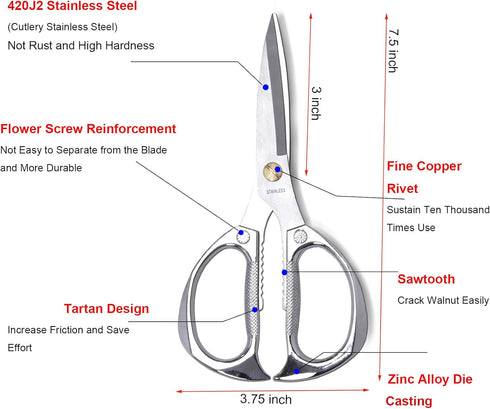 7.5in Stainless Steel Kitchen Scissors, Heavy Duty Shears for Chicken, Meat, Food, Vegetables, BBQ (Silver)...