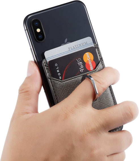 Phone Card Holder with Ring Grip for Back of Phone,Adhesive Stick-on Credit Card Wallet Pocket for iPhone,Android and Smartphones Gun Metal...