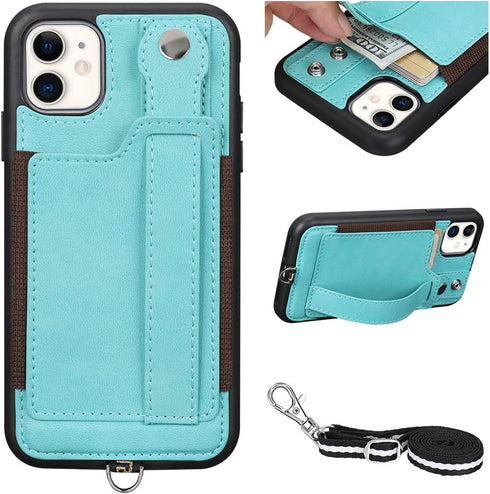 TOOVREN for iPhone 11 Wallet Lanyard Case Protective Cover with PU Leather Card Holder Adjustable Detachable Phone Lanyard Stand Strap for iPhone ...