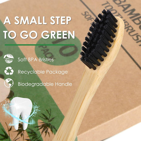 Bamboo Toothbrushes (10 Pack), BPA Free Toothbrush Medium with Firm Bristles, Eco-Friendly, Natural Biodegradable & Compostable Charcoal Wooden To...