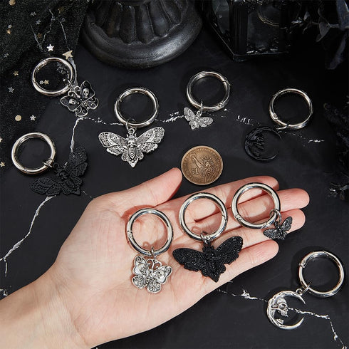 16 Pcs 8 Styles Alloy Butterfly Shoe Charms, Antique Silver Electrophoresis Black Moth Shoe Decoration Moon Skull Shoe Charm with Spring Ring for ...