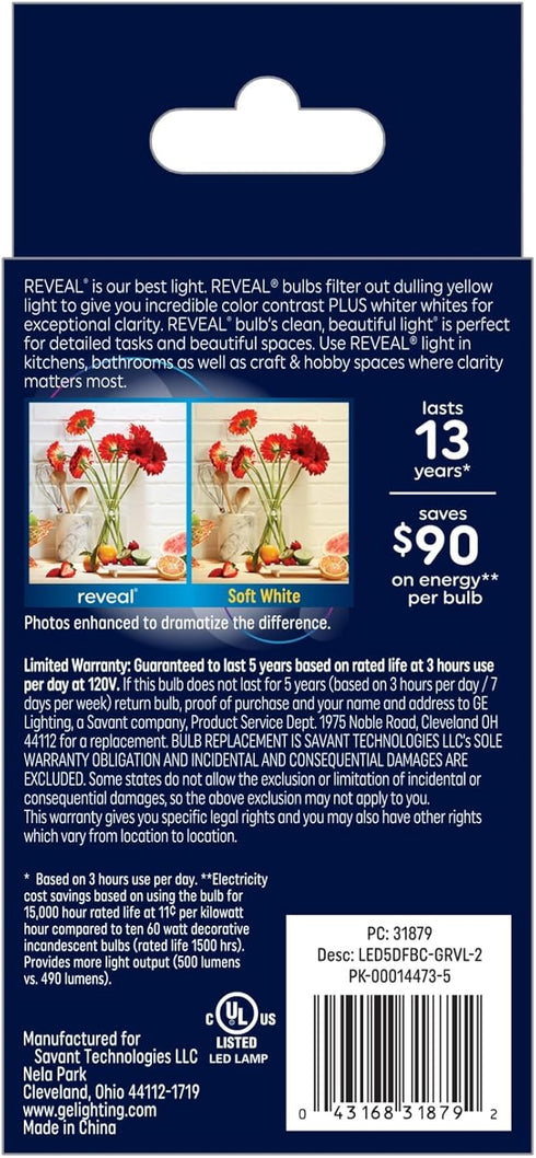 GE Reveal LED Light Bulbs, Candle Lights, 60 Watts, Clear Decorative B11 Bulbs, Small Base (2 Pack)...
