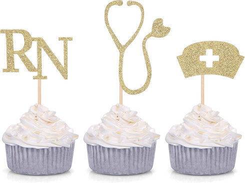 Medical Theme Cupcake Toppers Nursing Nurse School Graduation Party Decorations - Gold...