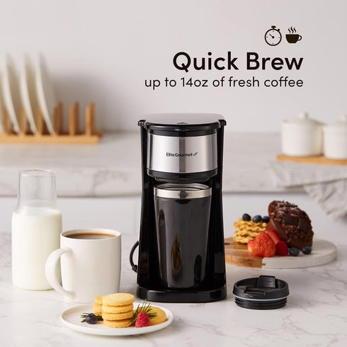 Elite Gourmet EHC112 Personal Single-Serve Compact Coffee Maker Brewer Includes 14Oz. Stainless Steel Interior Thermal Travel Mug, Compatible with...