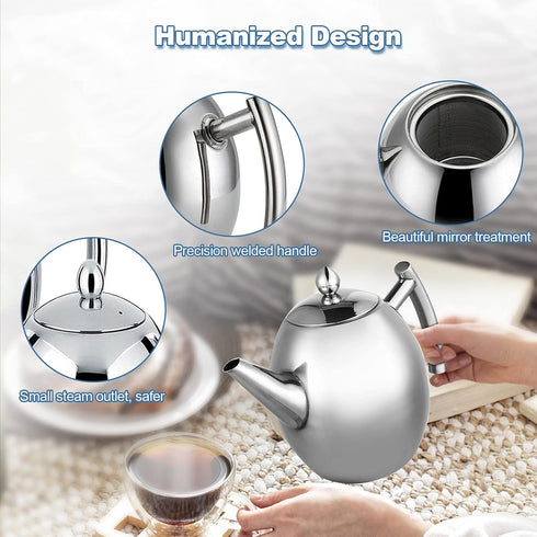 Stainless Steel Teapot Quart Tea Kettle Coffee Tea Pot Water Kettle with Removable Infuser Filter Large Capacity 33 oz (1L)...
