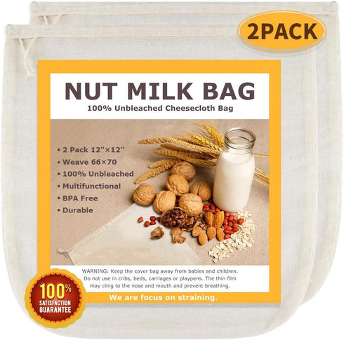 Nut Milk Bags, All Natural Cheesecloth Bags, 12"x12", 2 Pack, 100% Unbleached Cotton Cloth Bags for Tea/Yogurt/Juice/Wine/Soup/Herbs, Durable Wash...