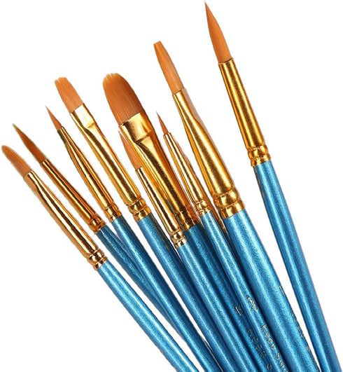 1 Set of 10 Pieces Synthetic Hair Paint Brushes, Blue, for Acrylic, Oil and Watercolor Painting...