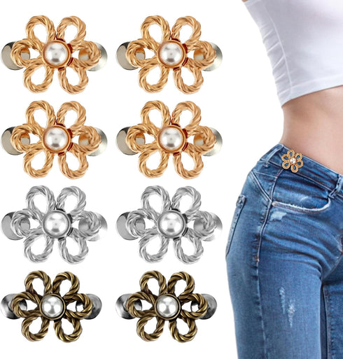 8 Sets Flower Jean Buttons, Jeans Waist Tightener No Sew Button Pins Adjustable Decorative Waist Buckles Detachable Jean Clips for Loose Jeans Pan...