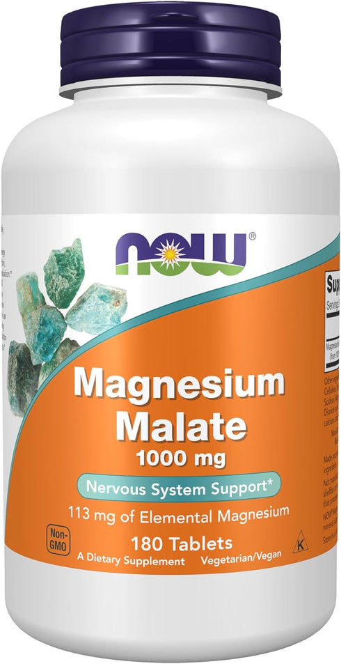 NOW Supplements, Magnesium Malate 1000 mg, Energy Production*, Nervous System Support*, 180 Tablets...