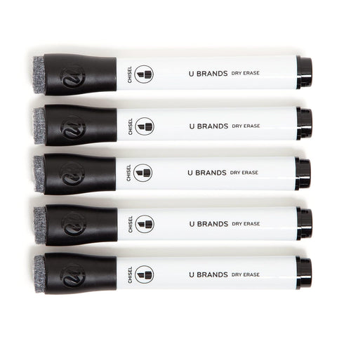 U Brands Low Odor Dry Erase Markers with Erasers, Chisel Tip, Black, 5 Count...