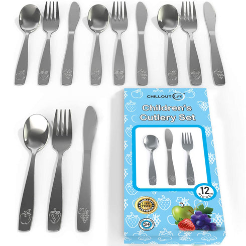 12 Piece Stainless Steel Kids Silverware Set - Child and Toddler Safe Flatware - Kids Utensil Set - Metal Kids Cutlery Set Includes 4 Small Kids S...