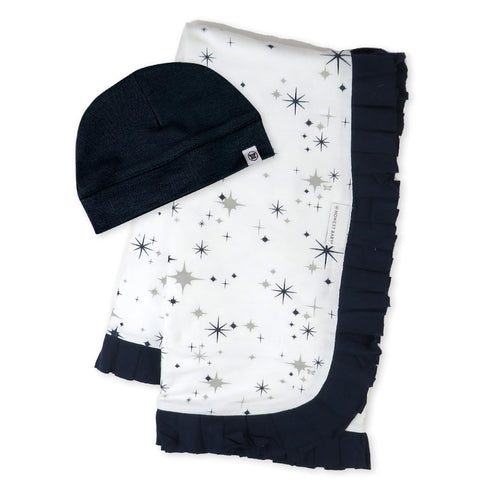 HonestBaby 2-Piece Knit Stroller Blanket with Trim Detail and Baby hat, Jumbo Twinkle Star Navy, One Size...