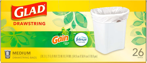 Glad Trash Bags, Medium Drawstring Garbage Bags, 8 Gal, Gain Original Scent with Febreze, 26 Ct (pack of 1), Pack May Vary...