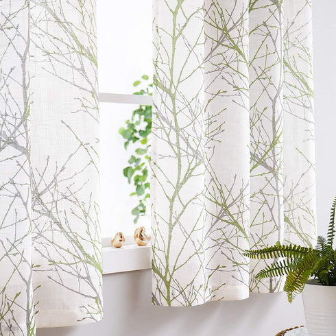 FMFUNCTEX Sage Green Kitchen Curtains with Tree Branch Pattern - Semi Sheer Linen Tiers for Bathroom, Cafe - 24 Inch Length, Grey Farmhouse Rustic...