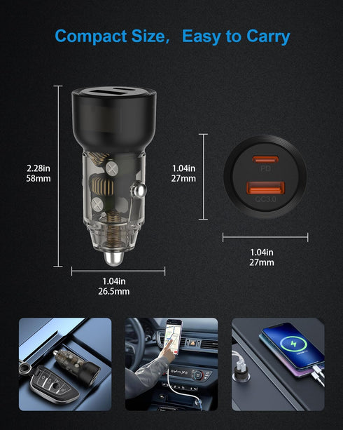 60W Car Charger, Cigarette Lighter USB Charger with USB C to C Fast Charging Cable, PD&QC3.0 USB C Car Charger, Dual Ports Car Charger Adapter for...