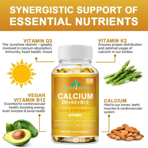 Extra Strength 4-in-1 Calcium + Vitamin D3 + K2 + B12 Supplement Complex for Bone and Immune Health, 120 Softgels, 60 Day Supply...