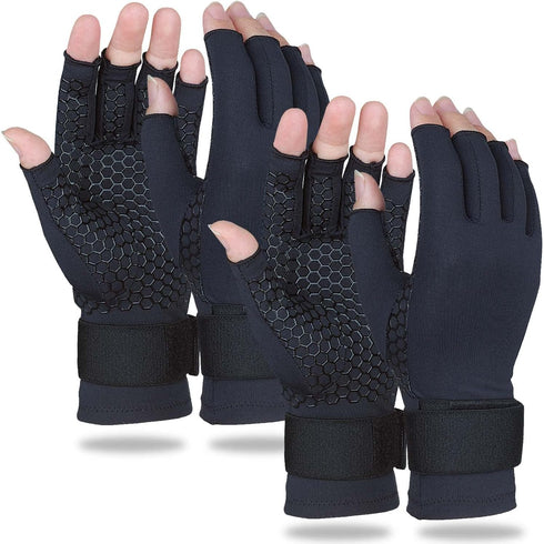 2 Pairs Copper Arthritis Gloves for Women Men, Compression Gloves with Adjust Strap for Arthritis, Wrist Support, Hand Pain, Fingerless Computer T...
