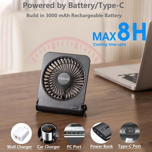 Desk Fan, 3000mAH Rechargeable Battery Powered Ultra Quiet 4 Speed 5in 225° Rotated Mini and with USB for Desk Top/Office Strong Airflow Easy Clea...
