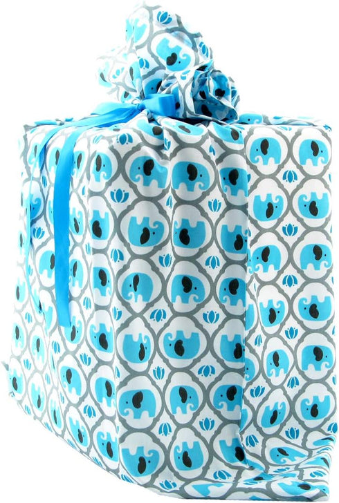 Elephants Reusable Fabric Gift Bag for Baby Shower, Child’s Birthday, or Any Occasion (Jumbo 27 Inches Wide by 33 Inches High, Turquoise Blue)...