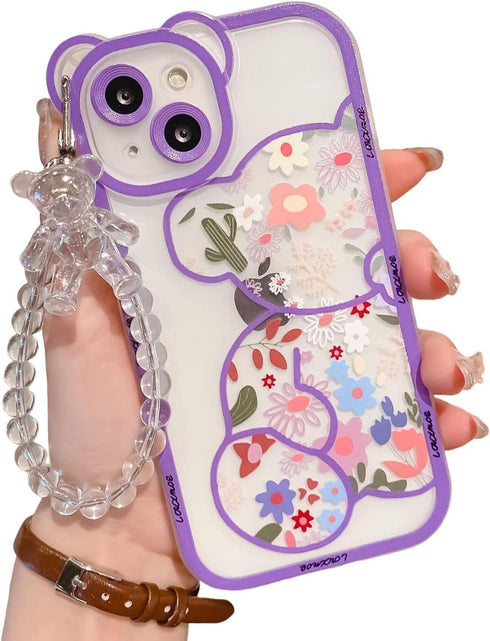 Case for iPhone XR with Cute Flowers Bear Pattern, Camera Protector, Clear Case and Lovely Strap Bracelet Chain for Girls Women, Compatible for iP...