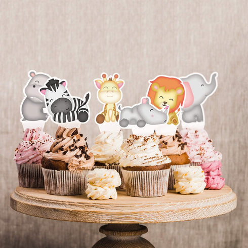 Pretty Cute Studios 48 Count Jungle Cupcake and Cake Toppers – Includes 8 Giraffes, 8 Zebras, 8 Elephants, 8 Lions, 8 Hippos, and 8 Rhinos...
