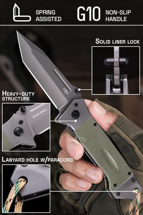Grand Way Pocket Knife for Men – Tanto Folding Knives – Cool Knife – Tactical Work Knives for Hunting Camping Hiking Self Defense Military EDC – B...