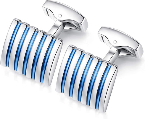 HONEY BEAR Rectangle Striped Cufflinks for Mens Business Wedding Gift Blue...