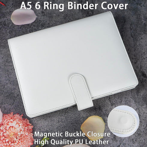 A5 Binder Cover with Magnetic Buckle Closure, 6 Ring A5 PU Leather Binder Personal Notebook for Organizing Planner Refill Pages, Photo Card Binder...