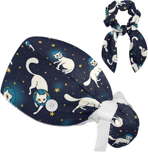 Space Cats Cute Scrub Caps Surgical Women with Button Adjustable Hats Surgical Caps with Scrunchie for Women...